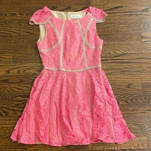 Pink Lace Mini Dress with Tan Detail